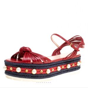 Gucci Red Leather Barbette Knot, Ankle Strap Espadrille Platform Sandals, 41.5‎